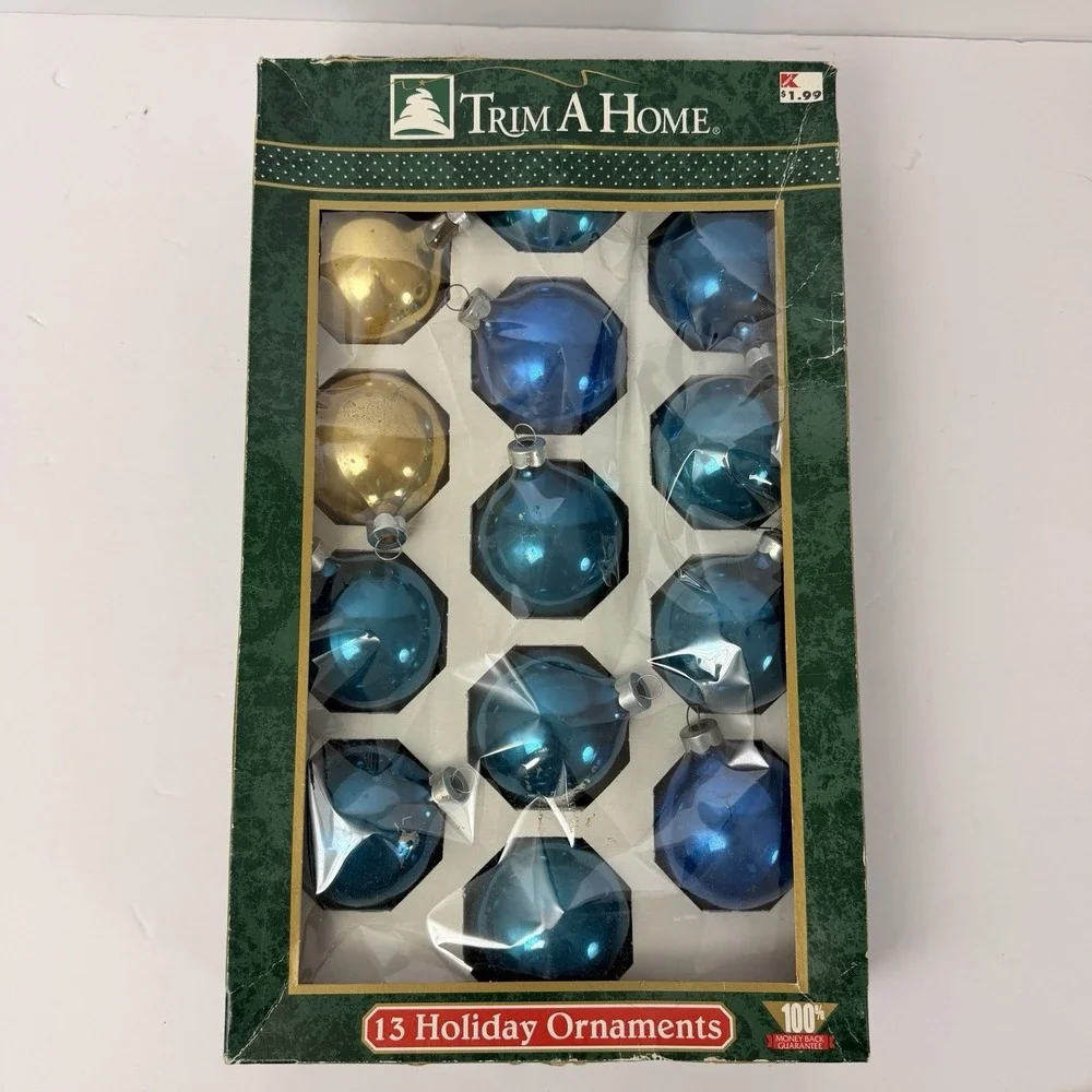 Vintage Trim A Home Kmart Blue Gold Christmas Ornaments USA 13 Pc Shiny Retro
